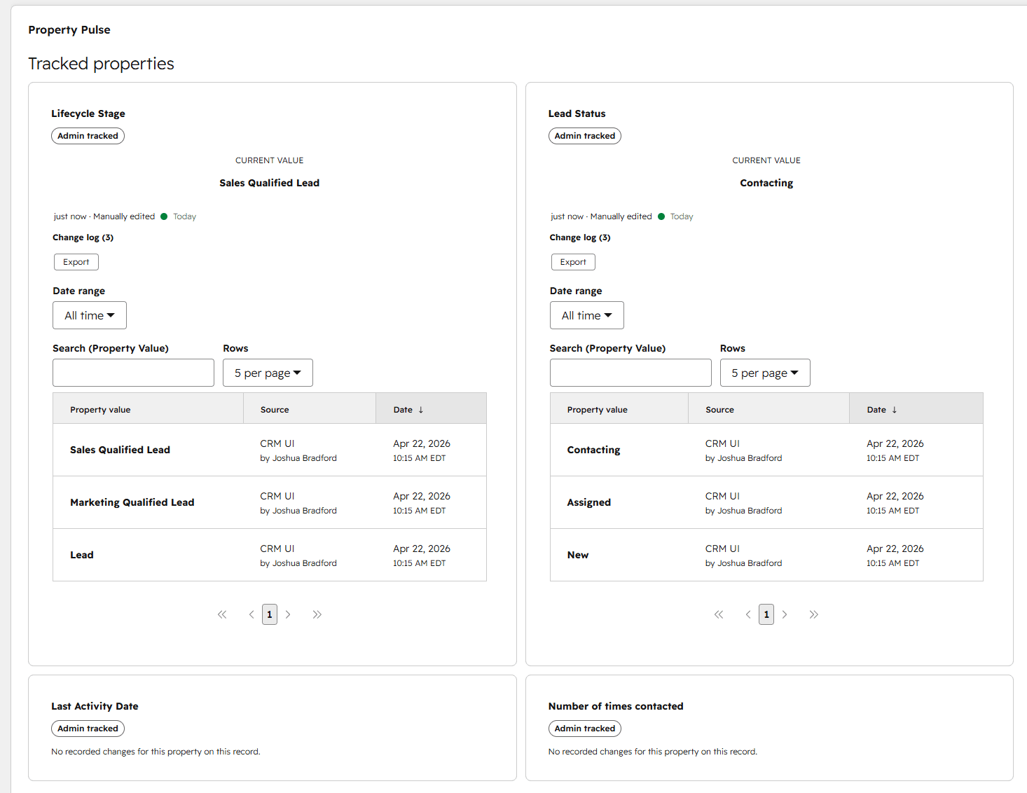 Property Pulse card rendered on a HubSpot record, showing tracked properties and their change log.